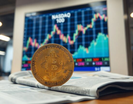 Bitcoin coin on financial chart with Nasdaq board in background
