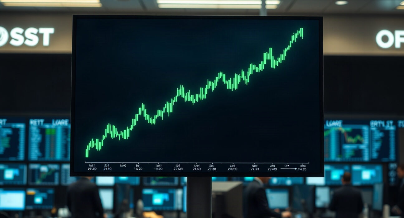 Bitcoin price chart on a trading floor screen showing an upward trend