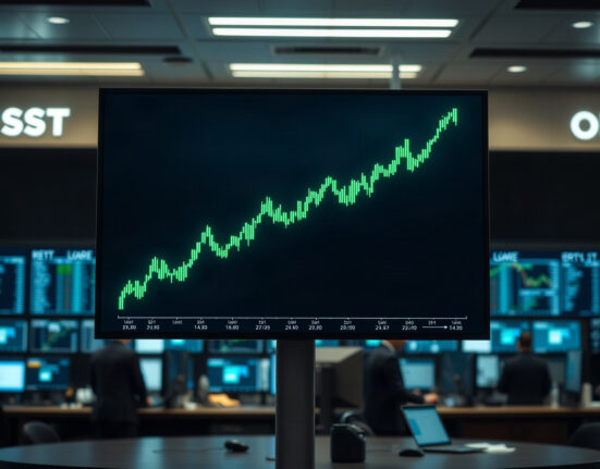 Bitcoin price chart on a trading floor screen showing an upward trend