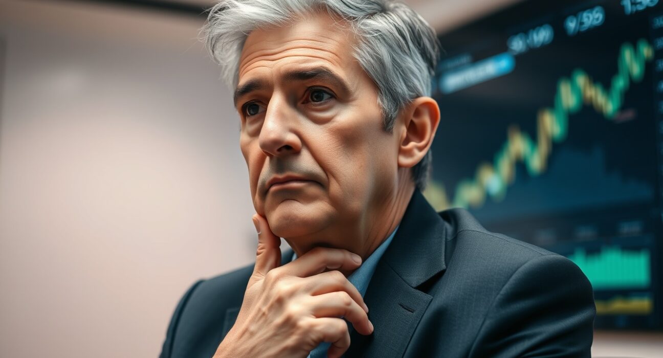 Raoul Pal, Real Vision founder, in a studio setting with financial charts in background