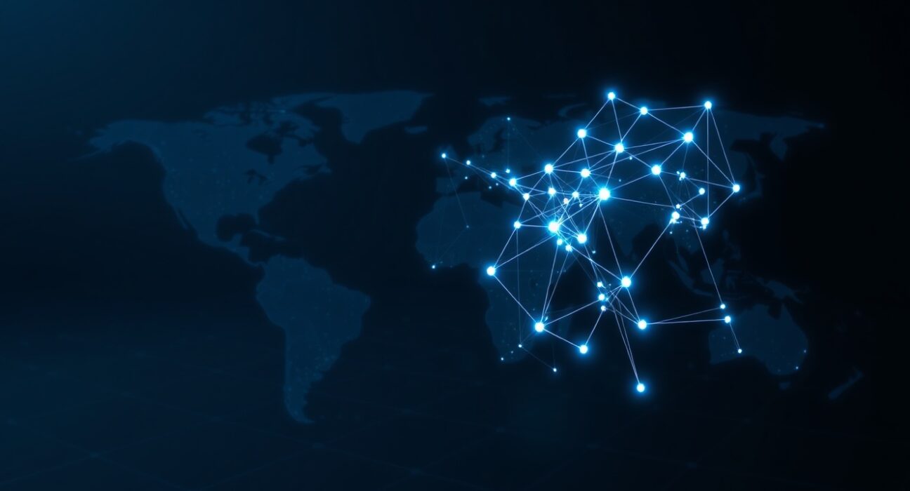 Global financial network visualization representing blockchain valuation metrics and user connectivity