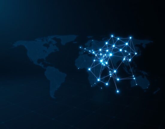 Global financial network visualization representing blockchain valuation metrics and user connectivity