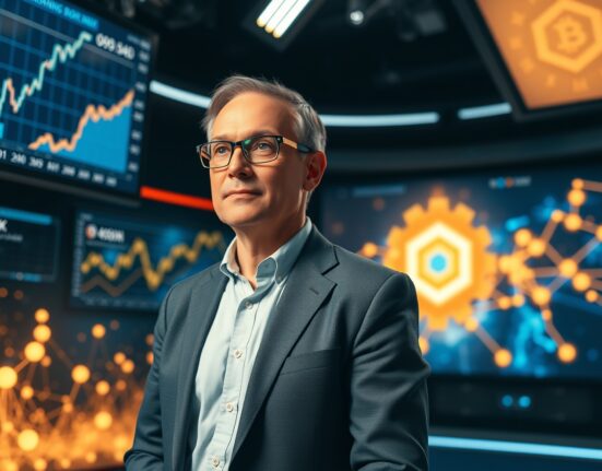 Raoul Pal standing in a news studio with cryptocurrency charts on screens behind him.