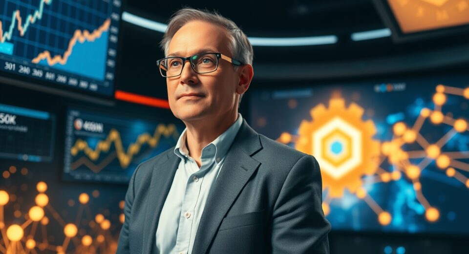 Raoul Pal standing in a news studio with cryptocurrency charts on screens behind him.