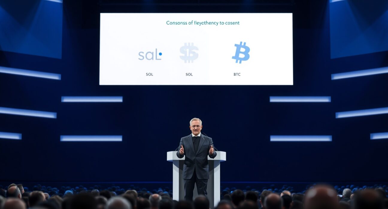 Raoul Pal speaking on stage at Consensus 2026 with Solana and Bitcoin logos on screen behind him.