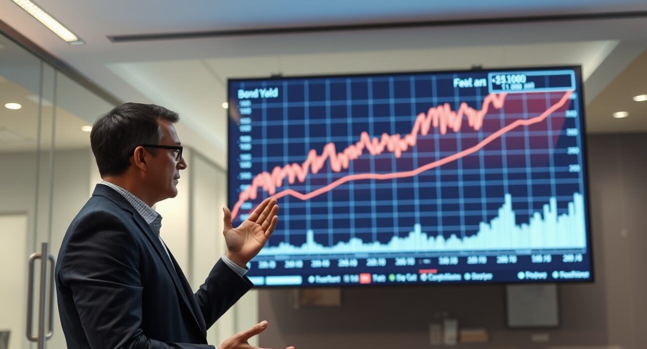 Financial analyst Raoul Pal standing before a screen showing economic charts and bond data in a modern office