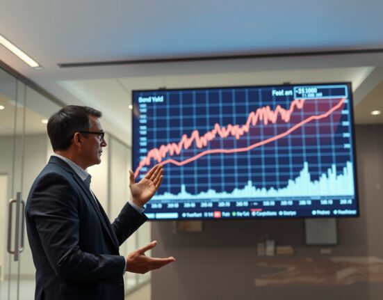 Financial analyst Raoul Pal standing before a screen showing economic charts and bond data in a modern office