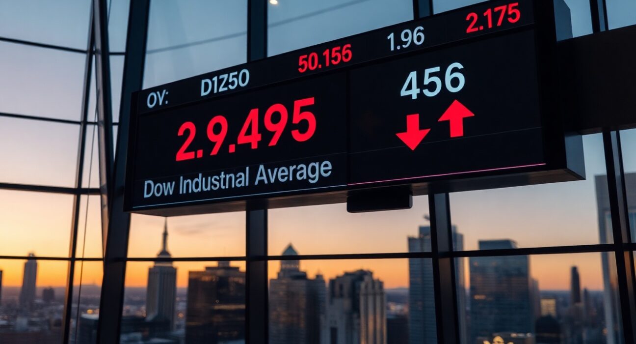 Dow Jones industrial average ticker showing red numbers in a financial district