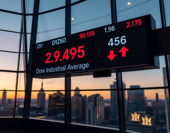 Dow Jones industrial average ticker showing red numbers in a financial district