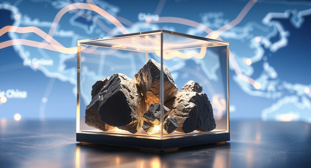 Strategic rare earth minerals and geopolitical map showing US-China supply chain tensions
