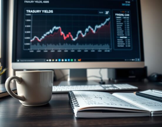 Analyst reviewing treasury yield charts and fiscal calendar on computer monitor
