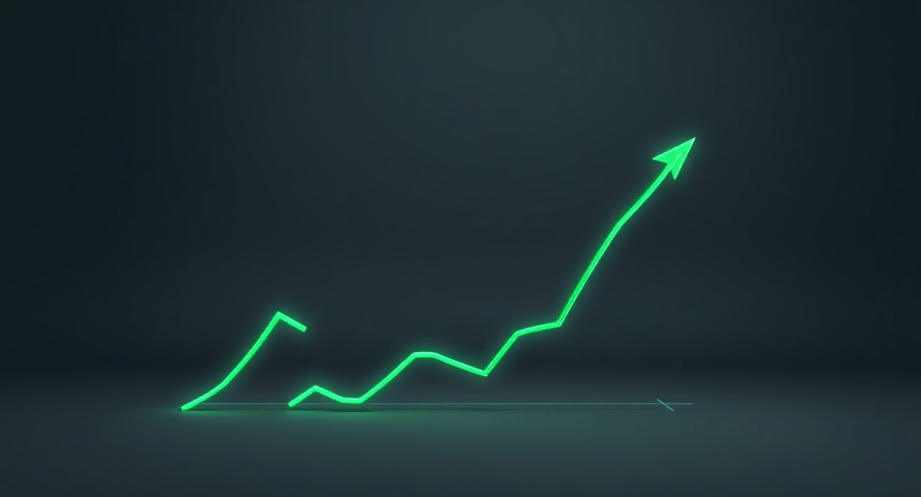 RAVE cryptocurrency price surge shown on a dramatic ascending graph chart for financial news.