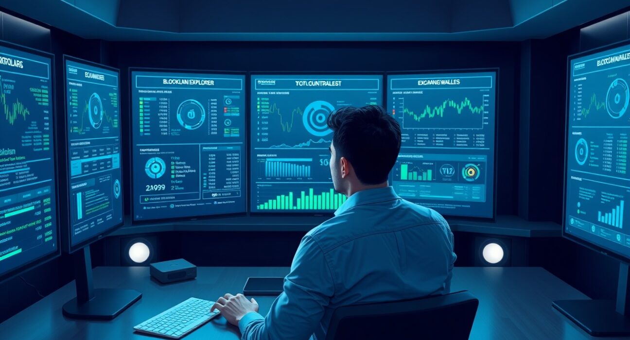 Cryptocurrency analyst examining RAVE token blockchain data and supply distribution on multiple monitors