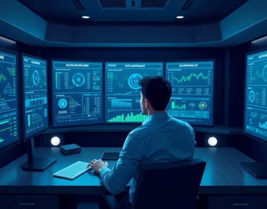 Cryptocurrency analyst examining RAVE token blockchain data and supply distribution on multiple monitors
