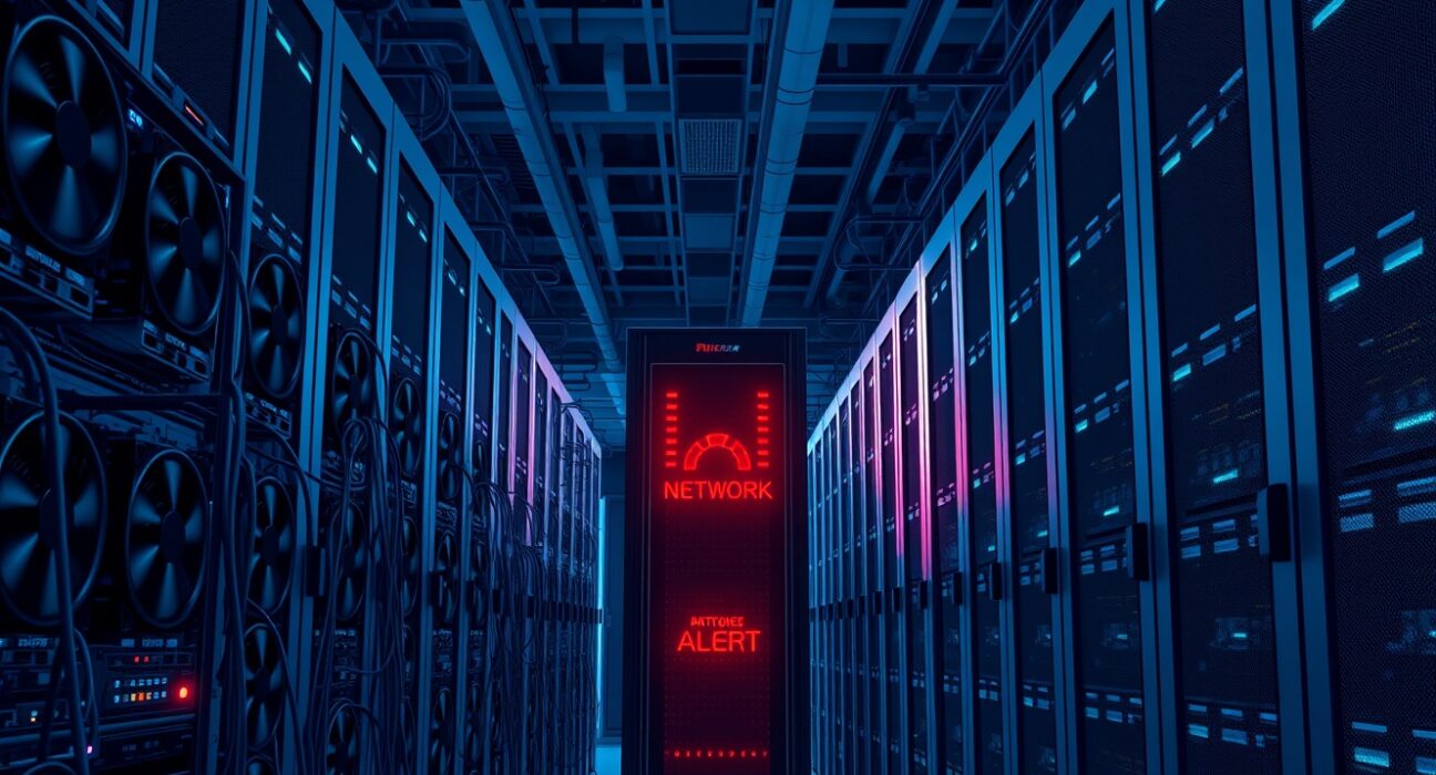 Ravencoin mining rigs in a data center with a server rack glowing red, indicating a network alert.