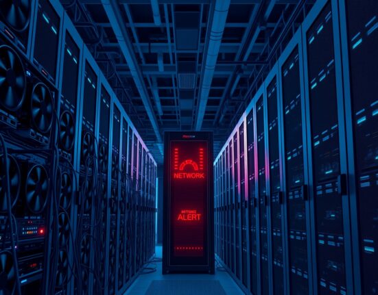 Ravencoin mining rigs in a data center with a server rack glowing red, indicating a network alert.