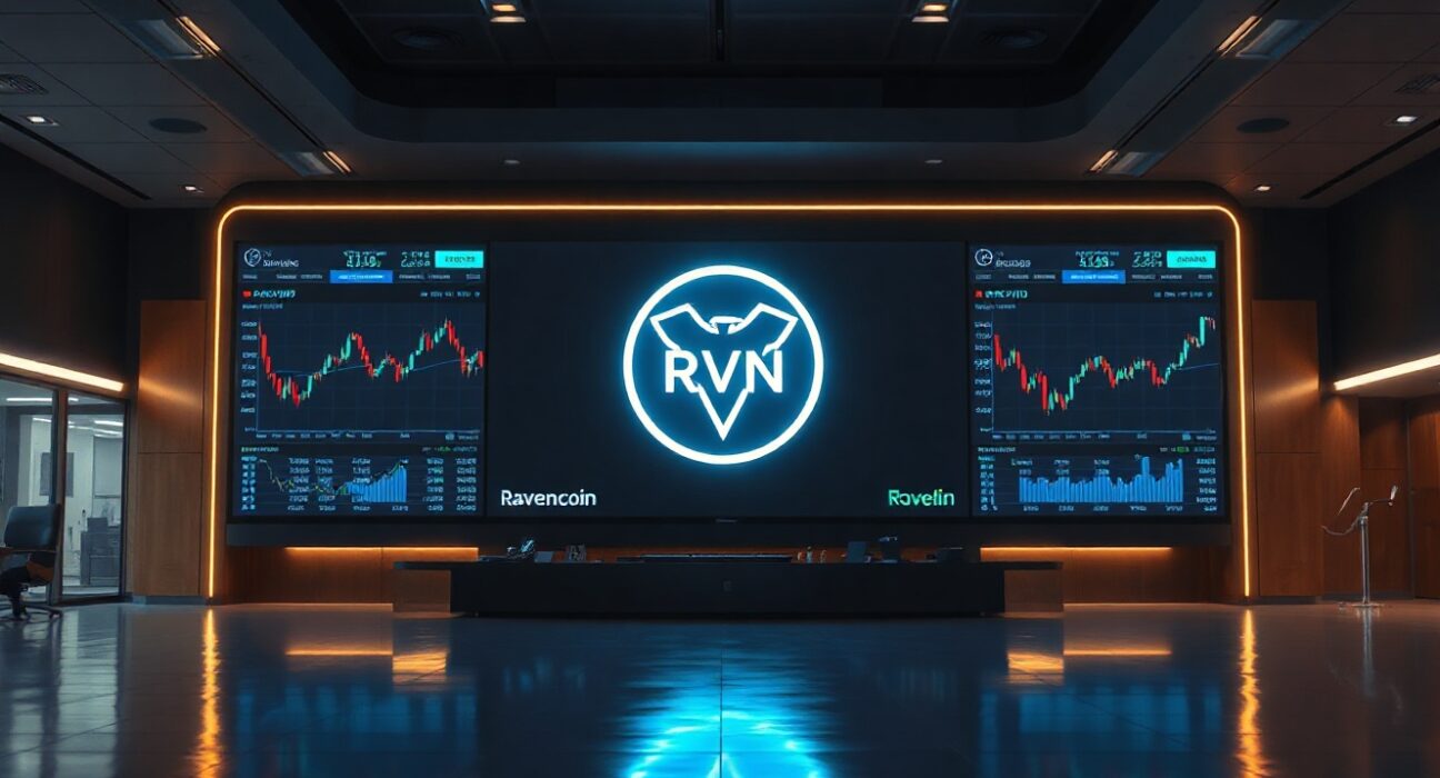 Ravencoin (RVN) price chart on screens in a modern trading floor, signaling delisting risk from Upbit and Bithumb.