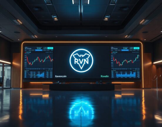 Ravencoin (RVN) price chart on screens in a modern trading floor, signaling delisting risk from Upbit and Bithumb.
