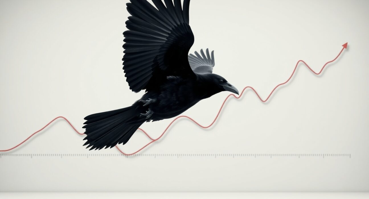 Ravencoin (RVN) price analysis and future recovery potential illustrated by a raven navigating a financial chart.