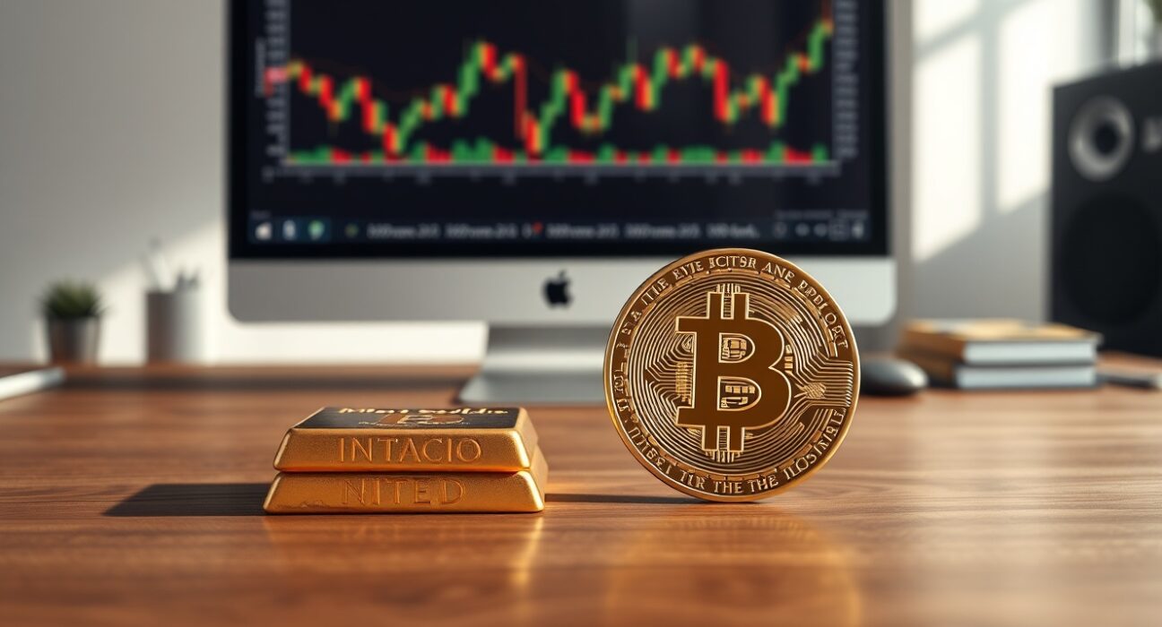 Gold bullion bars and a Bitcoin coin on a desk in a financial office setting