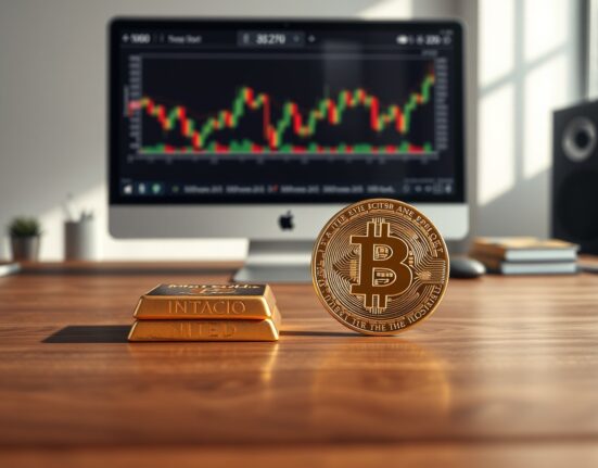 Gold bullion bars and a Bitcoin coin on a desk in a financial office setting