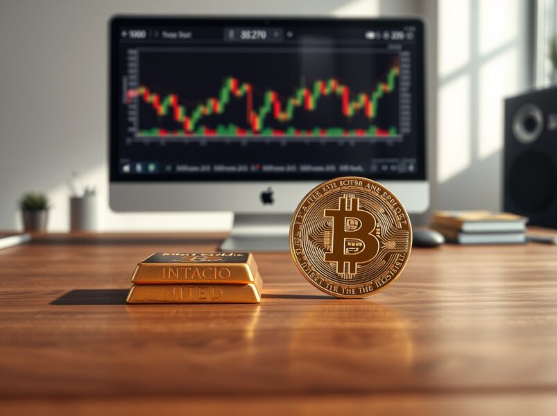 Gold bullion bars and a Bitcoin coin on a desk in a financial office setting