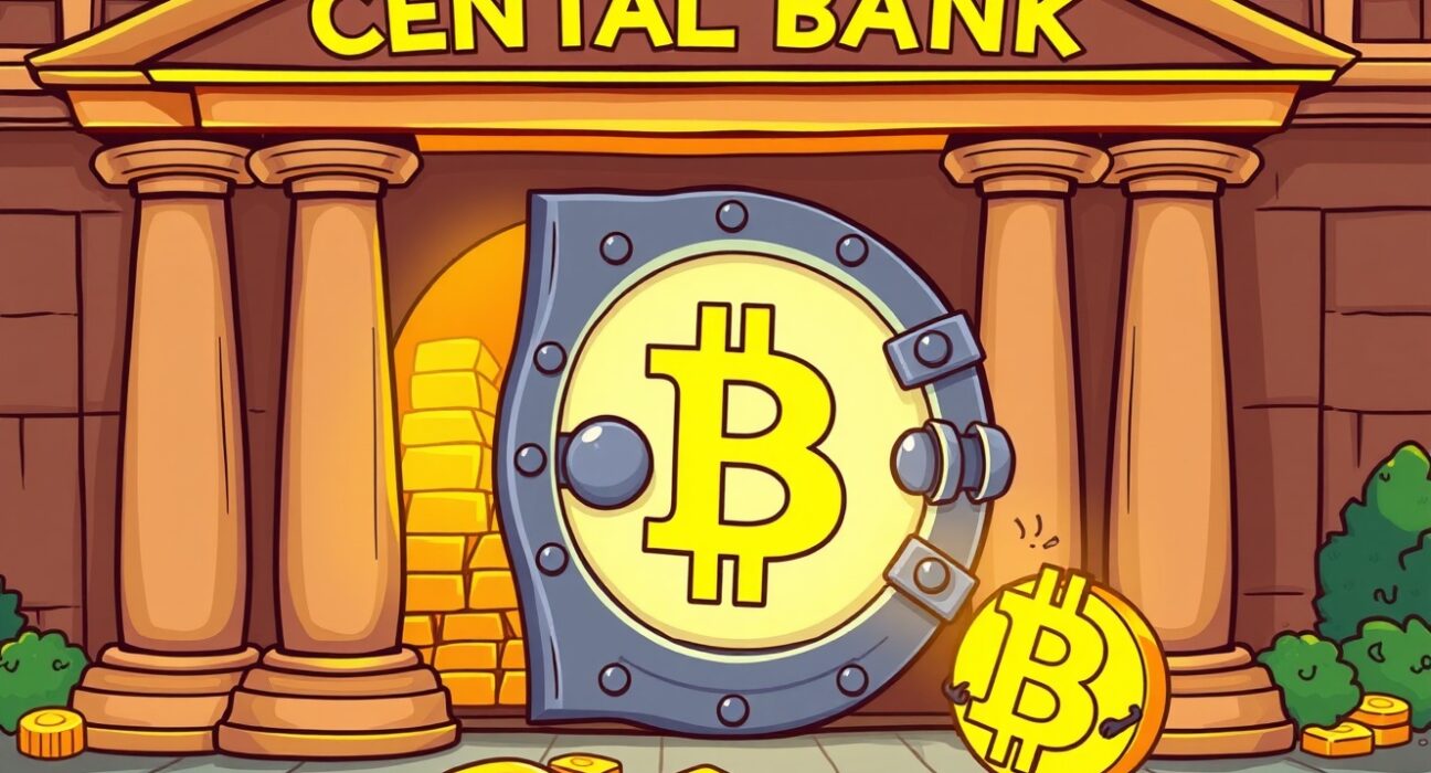 Cartoon illustration explaining why central banks hold Bitcoin is unlikely, featuring gold and digital currency.