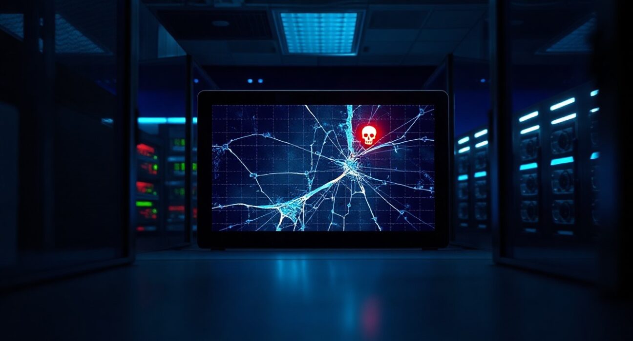 Cracked digital screen showing a blockchain transaction graph with a red skull icon, symbolizing a DeFi security breach.