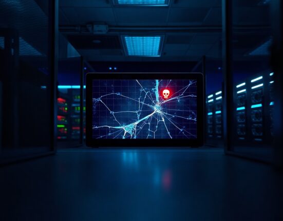 Cracked digital screen showing a blockchain transaction graph with a red skull icon, symbolizing a DeFi security breach.