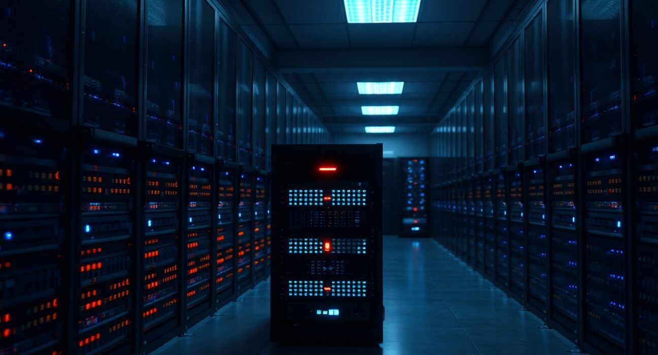 A server room with a blinking red warning light, representing a security breach on the Solana-based DeFi protocol Raydium.