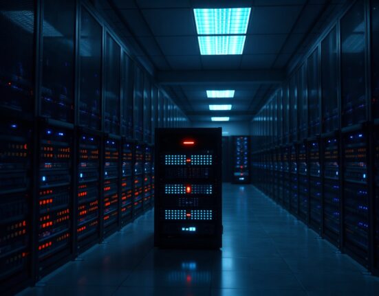 A server room with a blinking red warning light, representing a security breach on the Solana-based DeFi protocol Raydium.