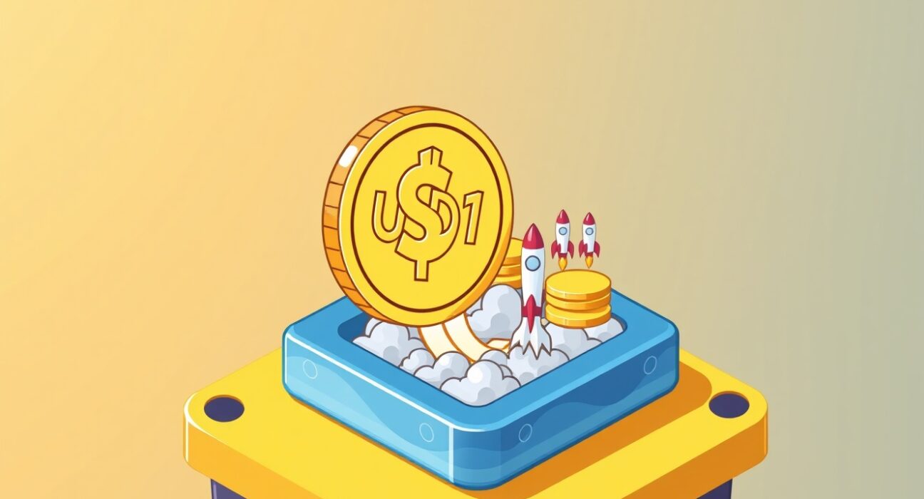 Cartoon illustration of Raydium LaunchLab platform integrating USD1 stablecoin, symbolizing new DeFi opportunities.