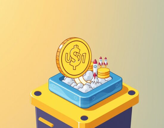 Cartoon illustration of Raydium LaunchLab platform integrating USD1 stablecoin, symbolizing new DeFi opportunities.