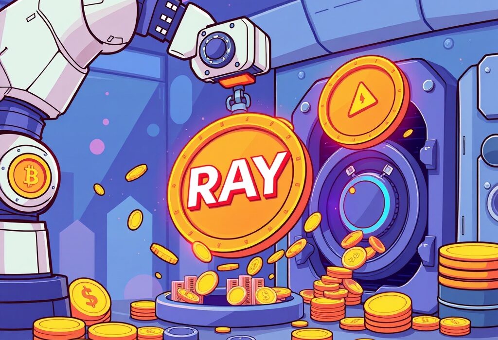 A cartoon illustration showing the massive Raydium RAY token buyback, symbolizing financial strength and community growth for the Solana DEX.
