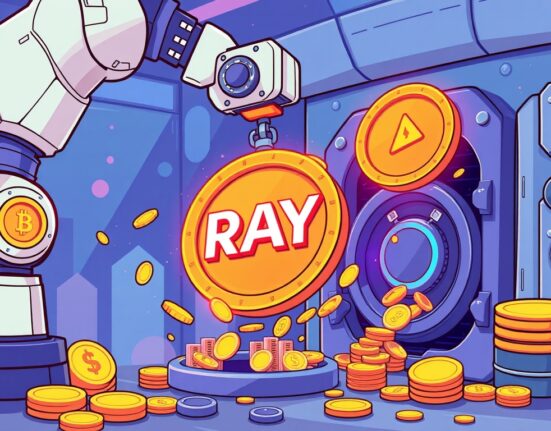 A cartoon illustration showing the massive Raydium RAY token buyback, symbolizing financial strength and community growth for the Solana DEX.