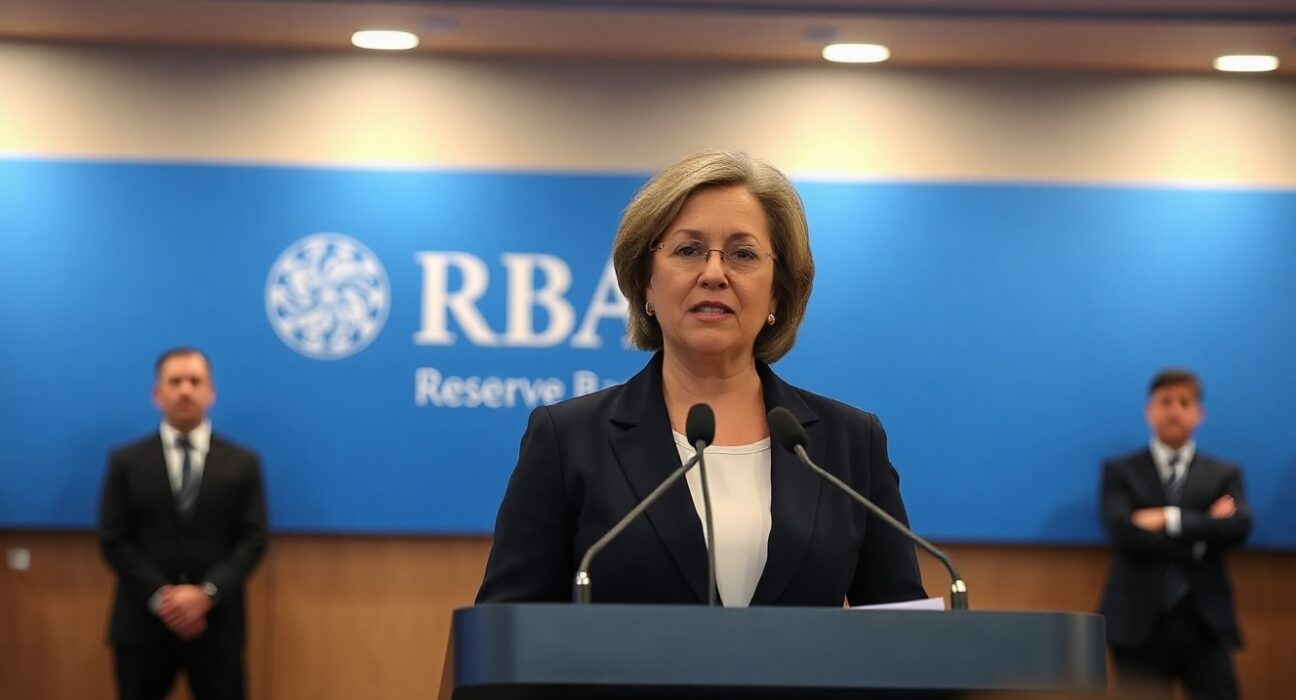 RBA Governor Michele Bullock speaking at a press conference on interest rate outlook