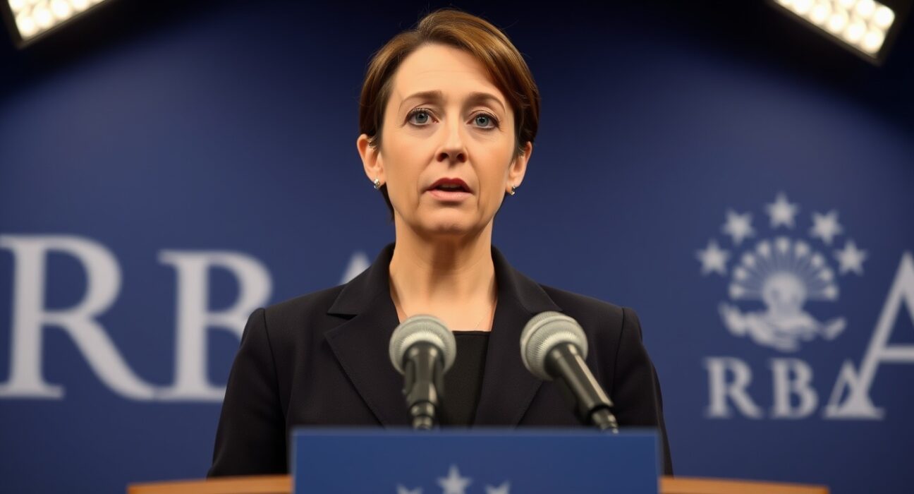 RBA Governor Michele Bullock speaking at a press conference on monetary policy