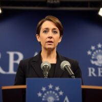 RBA Governor Michele Bullock speaking at a press conference on monetary policy