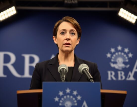 RBA Governor Michele Bullock speaking at a press conference on monetary policy
