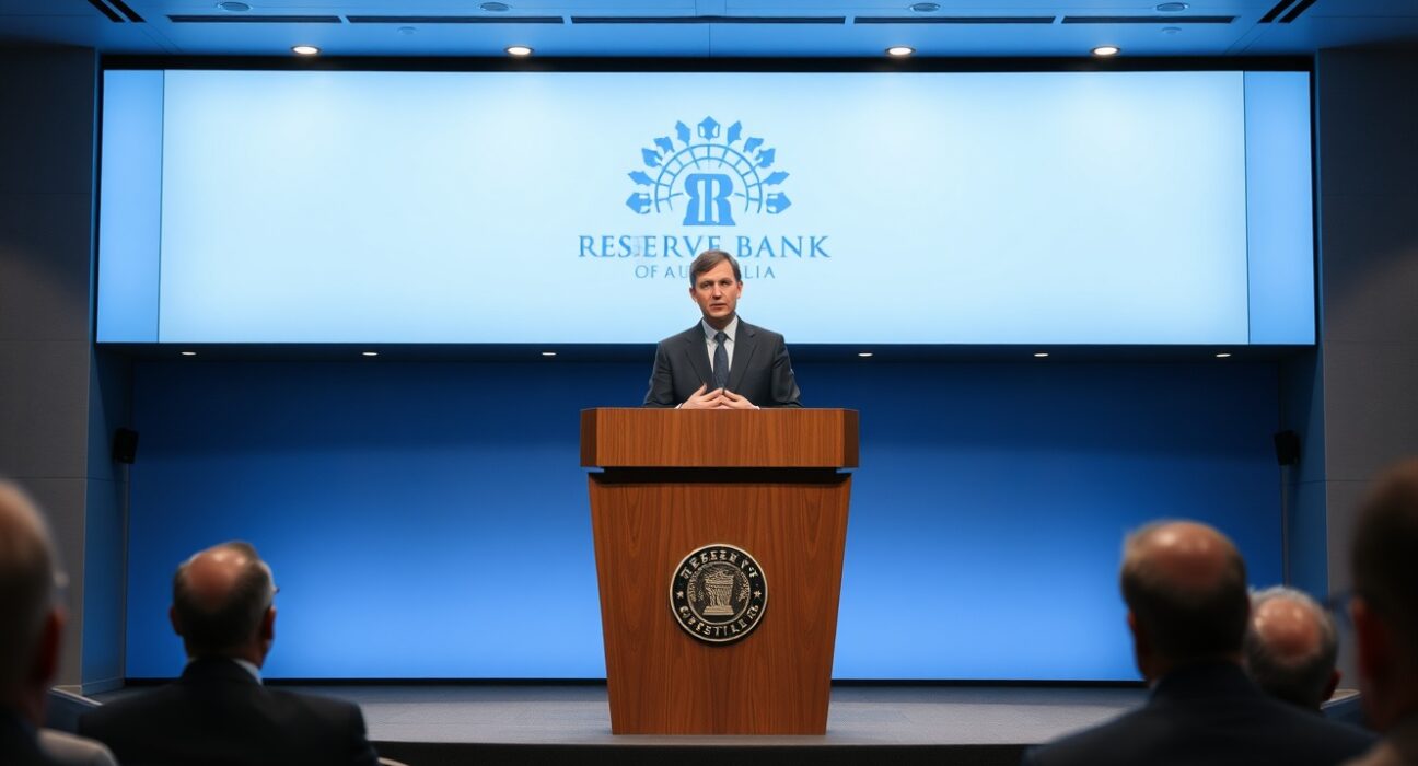 RBA Assistant Governor Luci Ellis at a press conference podium with central bank branding in background