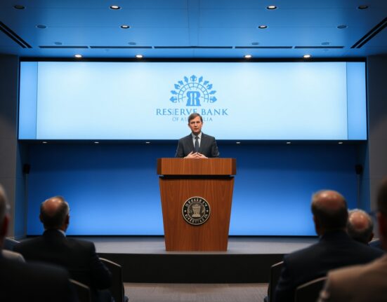 RBA Assistant Governor Luci Ellis at a press conference podium with central bank branding in background