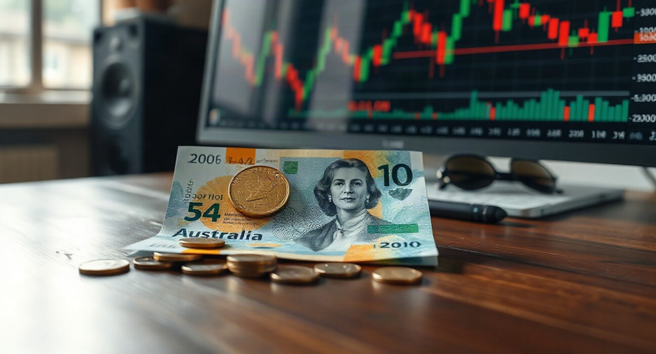 Australian Dollar banknotes and coins with financial charts in background