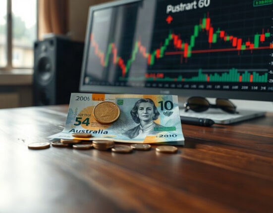 Australian Dollar banknotes and coins with financial charts in background
