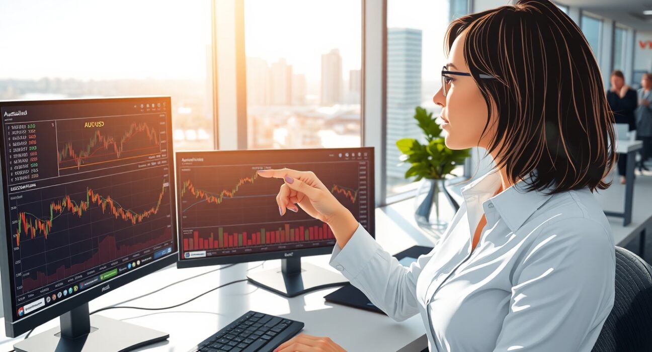 Financial analyst examining RBA monetary policy data and Australian dollar exchange rate charts in Sydney office
