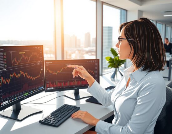 Financial analyst examining RBA monetary policy data and Australian dollar exchange rate charts in Sydney office
