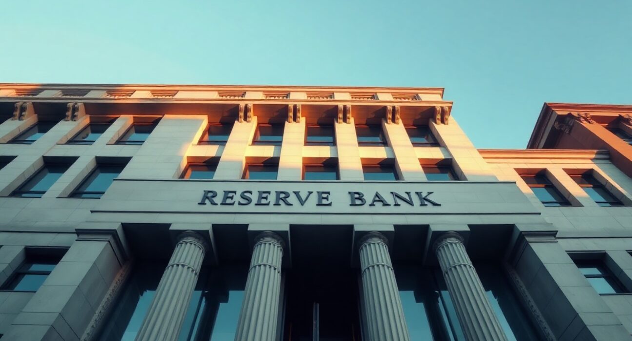 Reserve Bank of Australia headquarters in Sydney, with the building in sharp focus under a clear sky.