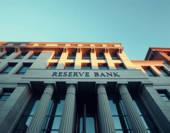 Reserve Bank of Australia headquarters in Sydney, with the building in sharp focus under a clear sky.