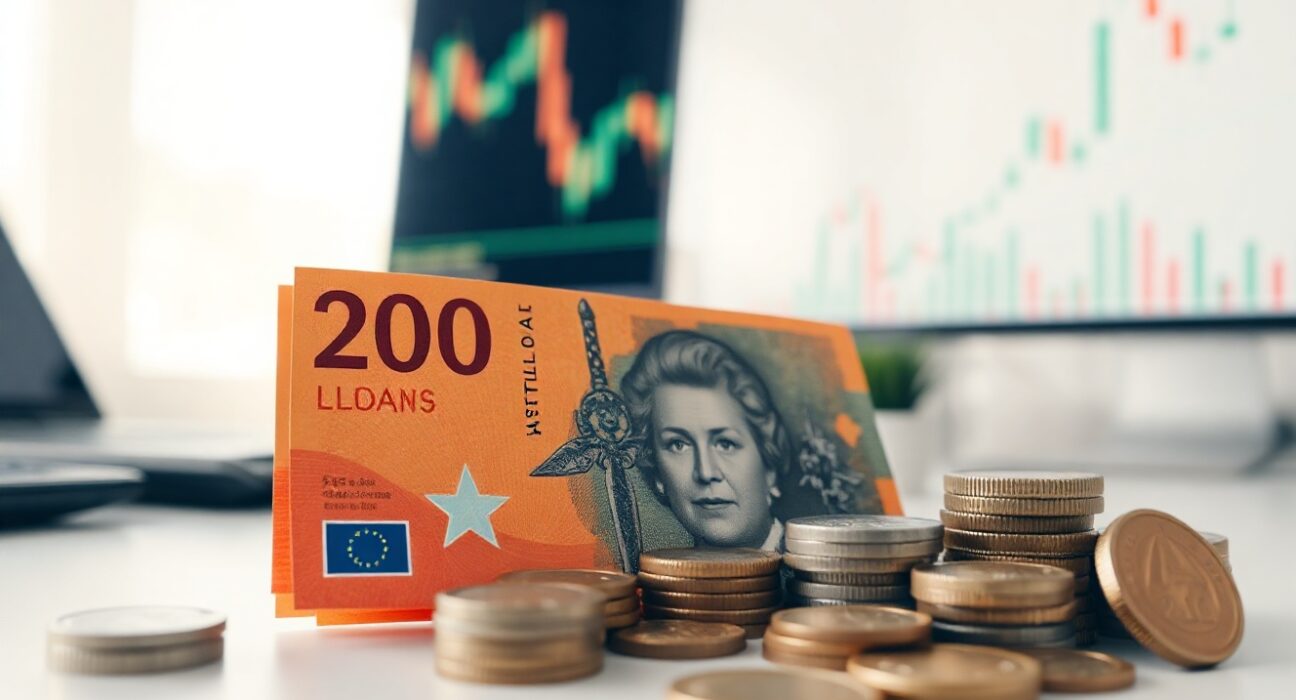 Australian dollar banknotes and coins on a desk with a financial chart in the background