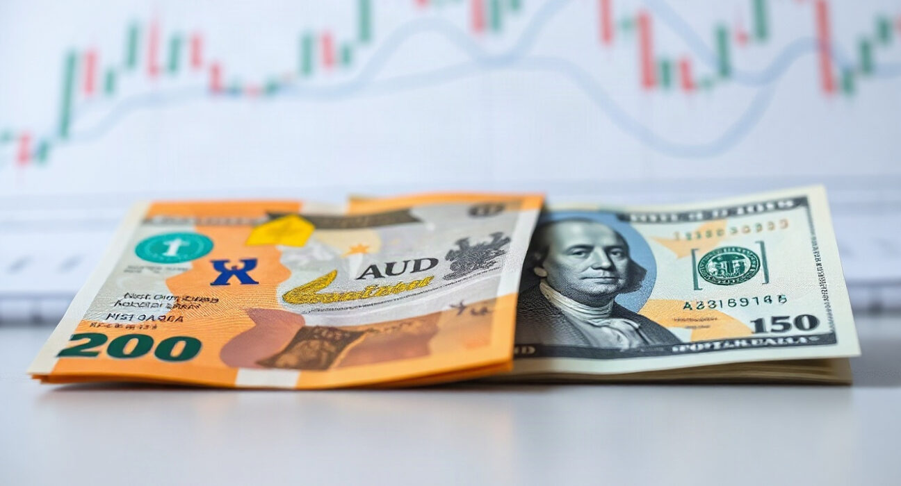 Australian and US dollar banknotes with a financial chart in background