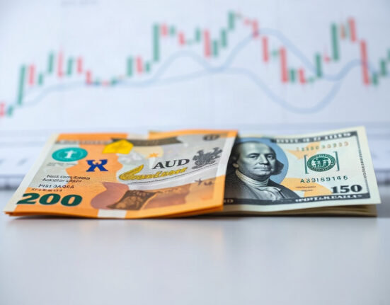 Australian and US dollar banknotes with a financial chart in background